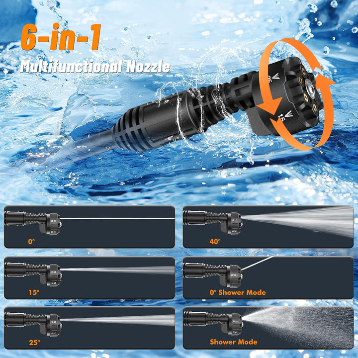 Akku Hochdruckreiniger 21V, 120 Bar Mobiler Druckreiniger mit 2 x 3,0Ah Akku, Bürstenloser Motor, 6-