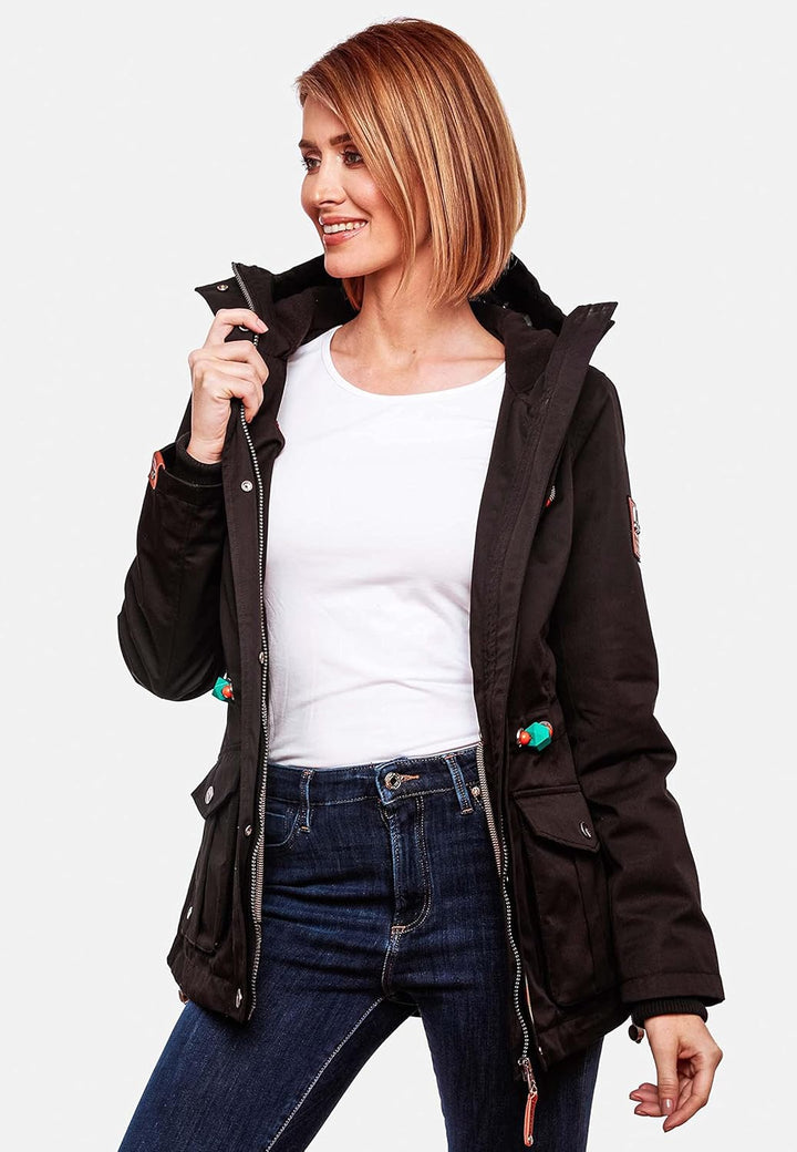 MARIKOO Damen Parka Übergangs-Jacke leicht gefüttert mit Kapuze Babetaa XS-3XL XS Schwarz, XS Schwar