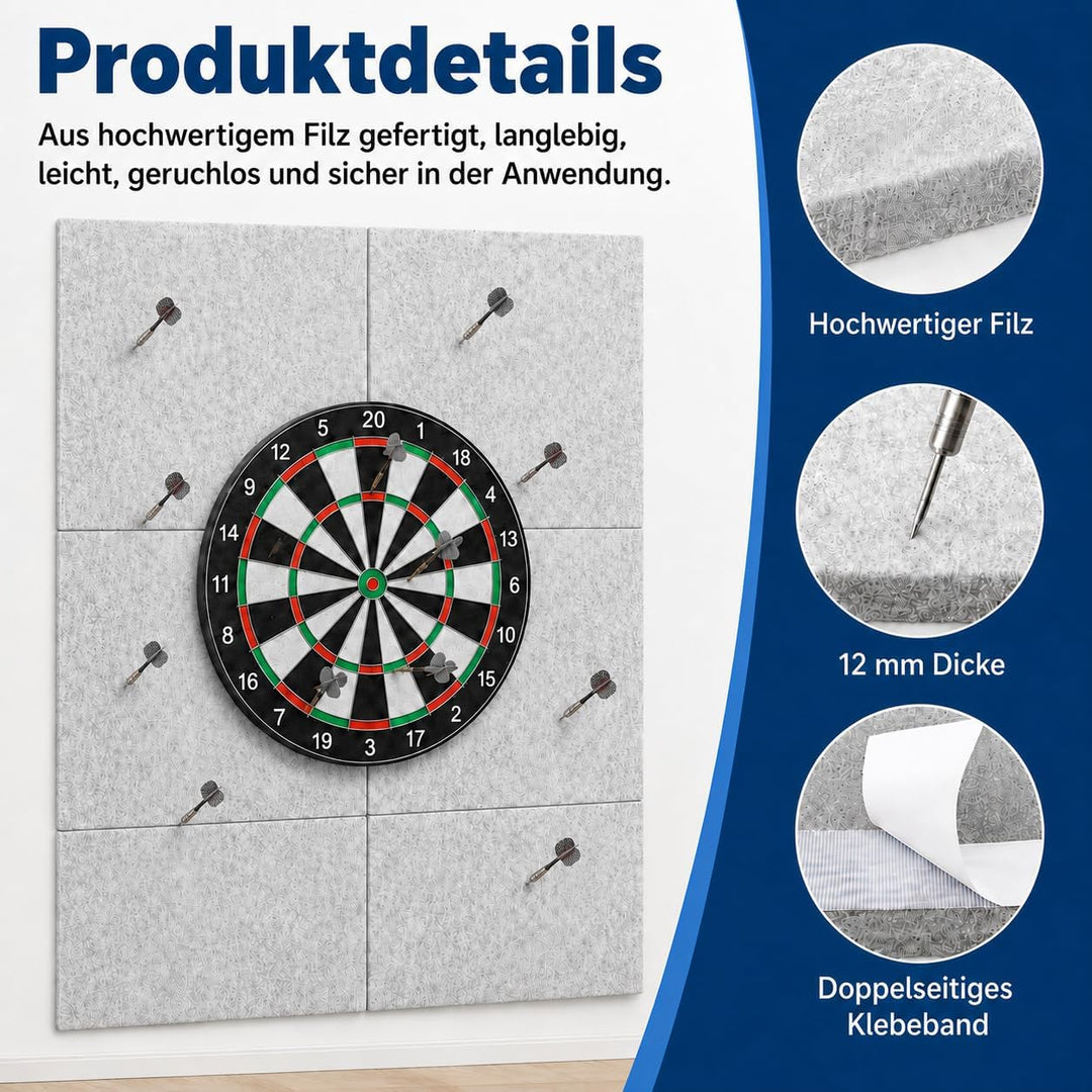Faltbare Filz Dartboard Wandschutz, Silbergrau 60 x 90 cm, 12 mm Dicke, Selbstklebend Dartscheiben U