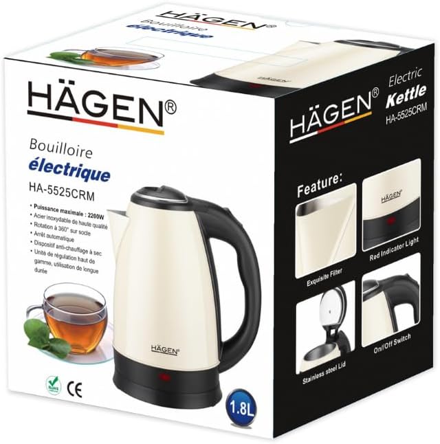 Hagen, Kompakter elektrischer Wasserkocher aus Edelstahl, Elegantes Design, 360° Basis, Kapazität 1,
