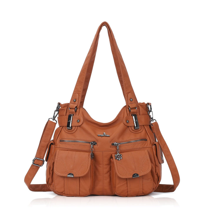 Angelkiss Damen Handtasche Grosse Doppelreissverschluss Multi Pocket Washed Schultertasche Designer-