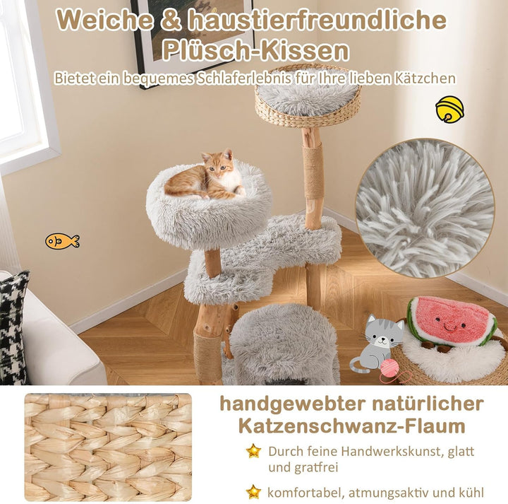 FANTASK Katzenmöbel Massivholz mit Katzenhöhle & Plüschsitzfläche & Sitzplattform, 124cm Kletterbaum