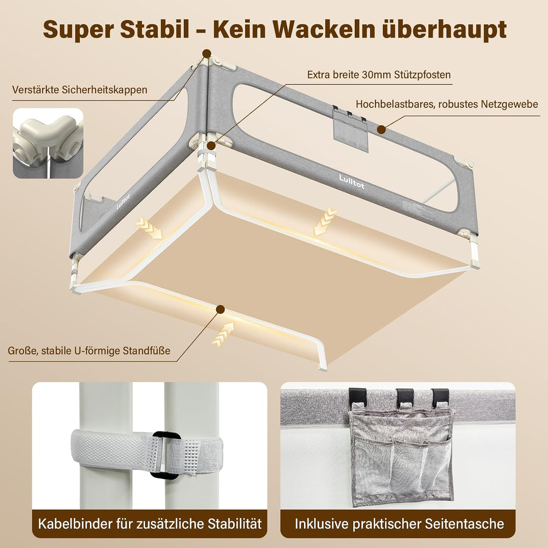 Bettgitter Rausfallschutz 3-seitig 180x200cm mit Spaltfüllstäbe | U-förmige Stabilstangen, Höhenvers