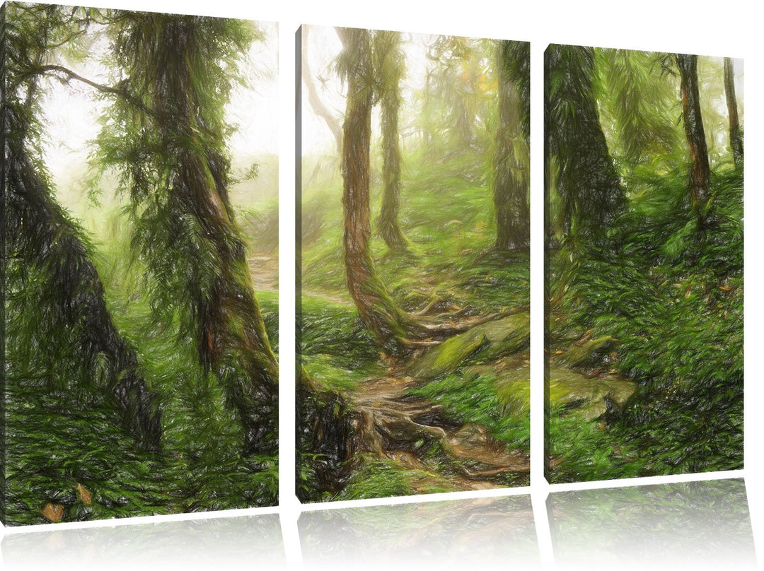 Pixxprint Tropischer La Selva Dschungel Bunstift Effekt 3-Teiler Leinwandbild 120x80 Bild auf Leinwa