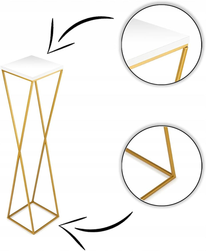 Pflanzenständer Metall 100 cm Hoch - Stabiler und Fester Blumenhocker mit Weiss MDF-Platte auf Gold