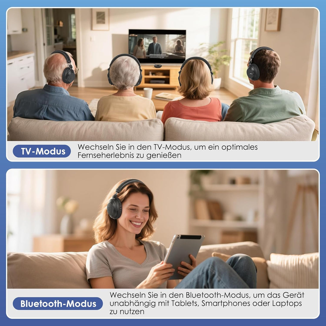 SIMOLIO Bluetooth TV Funkkopfhörer mit klarem & lautem Klang – Kabellose Kopfhörer & Sender für Grup