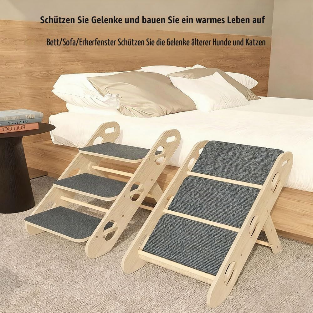 Faltbare Hundetreppe,Hunde Rampe Für Das Bett,2-In-1 Klappbare Hölzerne Hunderampe Mit 3 Stufen,Lang