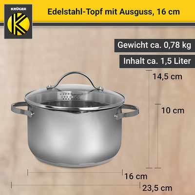 Krüger Edelstahl-Fleischtopf mit Ausguss - Kochtopf mit Ausgiesshilfen - mit Induktion - hitzebestän