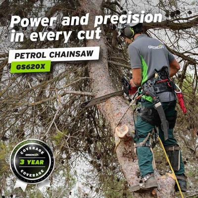 GREENCUT GS620X - Benzin-Kettensäge mit 2-Takt-Motor 62cc 3,8 PS mit 20'' Blatt, Easy-Start, Anti-Vi