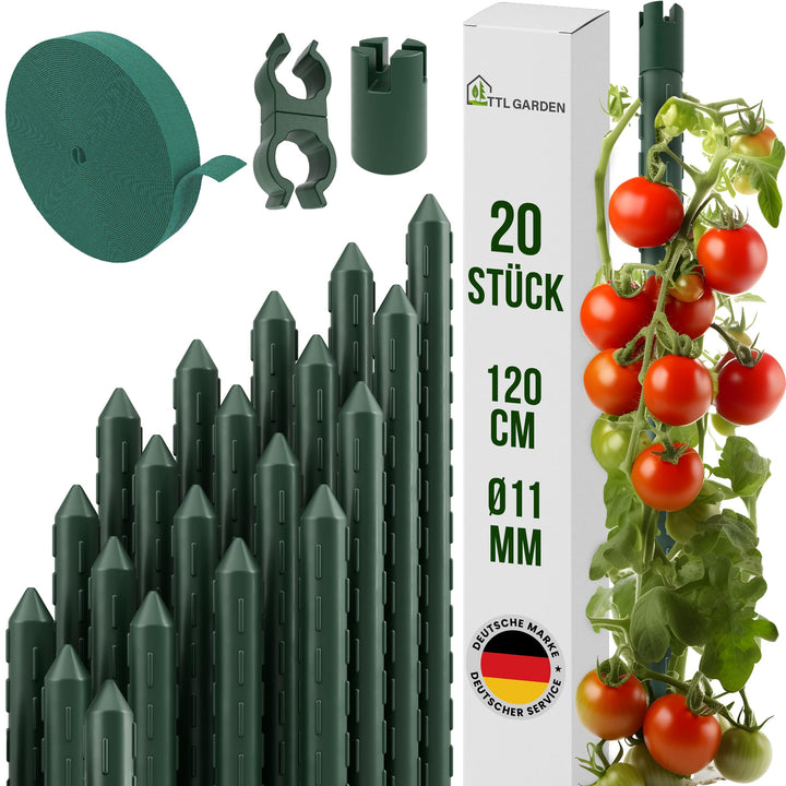 TTL GARDEN Rankstäbe 20er Set 120cm x 11mm Ø grün - Rankhilfe Pflanzstäbe + Klettband + Clips - Stah