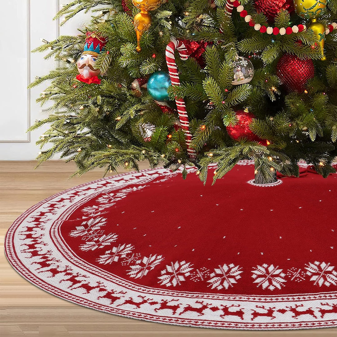 Dremisland Grosse Weihnachtsbaum Rock, 122cm Rot Gestrickte Christbaumdecke mit Schneeflocken Rentie