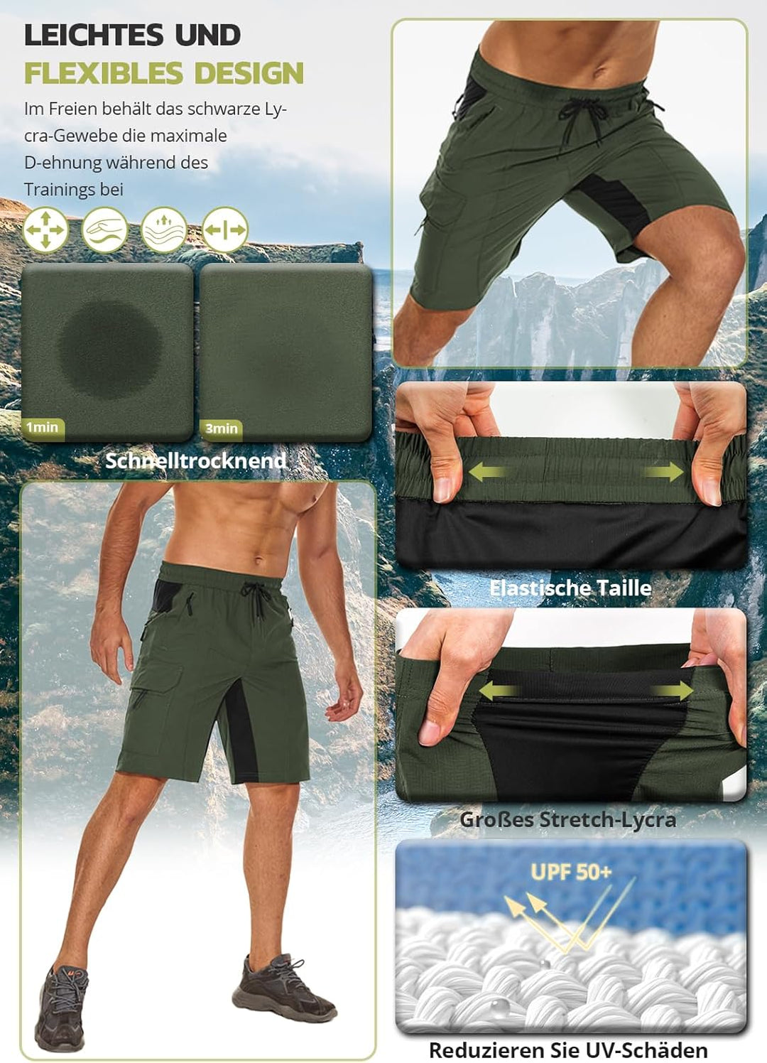 Hiauspor Wanderhose Herren Kurz MTB Hose Leichte Schnelltrocknend Cargo Bermuda Chino mit 5 Taschen