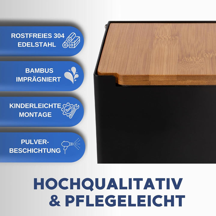 Toilettenpapierhalter mit Feuchttücherbox - Edelstahl & Bambus - Toilettenpapierhalter ohne Bohren -