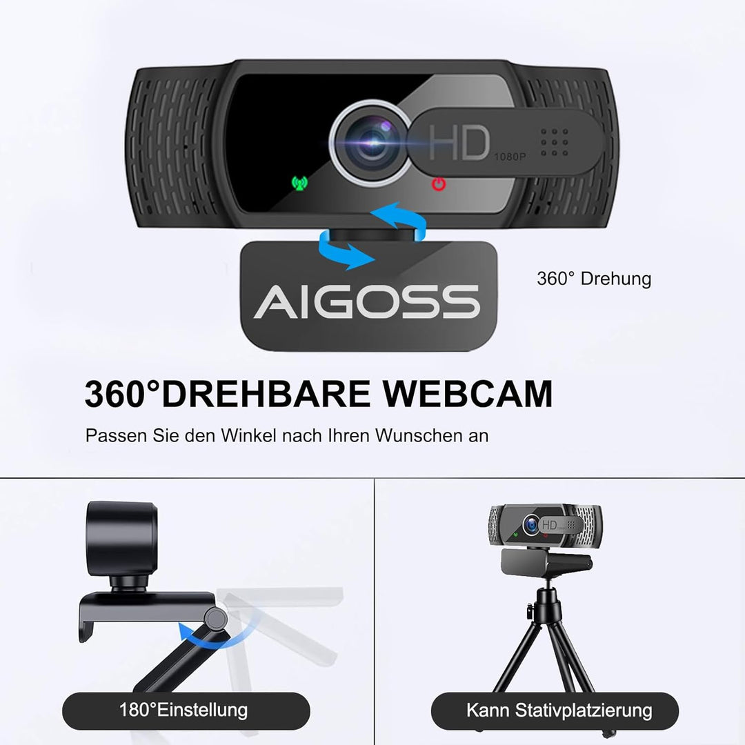 Webcam 1080P mit Mikrofon und Webcam Abdeckung, Stativ, Plug & Play, mit automatischer Lichtkorrektu