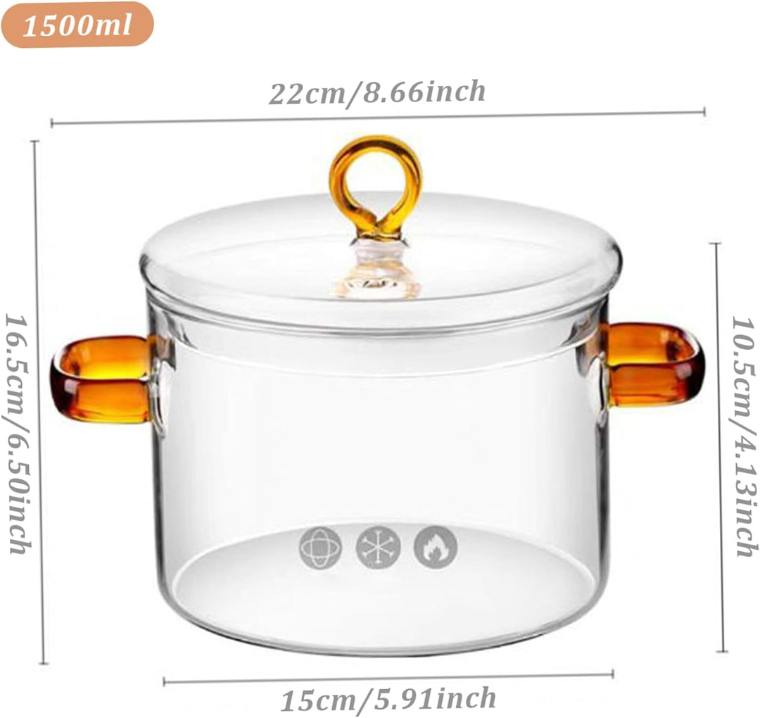 Klarer Topf mit Deckel, 1,5 l, Glastopf mit zwei Griffen, mikrowellengeeignet, klarer Simmertopf, hi