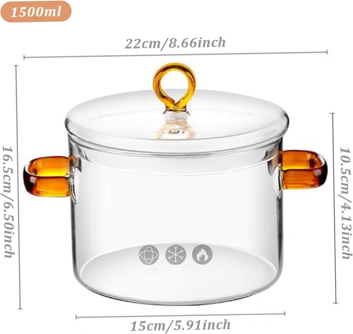 Klarer Topf mit Deckel, 1,5 l, Glastopf mit zwei Griffen, mikrowellengeeignet, klarer Simmertopf, hi