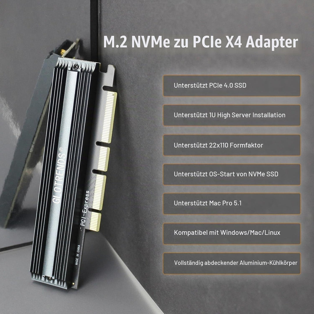 GLOTRENDS PA16 22110/2280 M.2 NVMe zu PCIe 4.0 X4 Adapter mit Vollabdeckung Aluminium Kühlkörper, PC