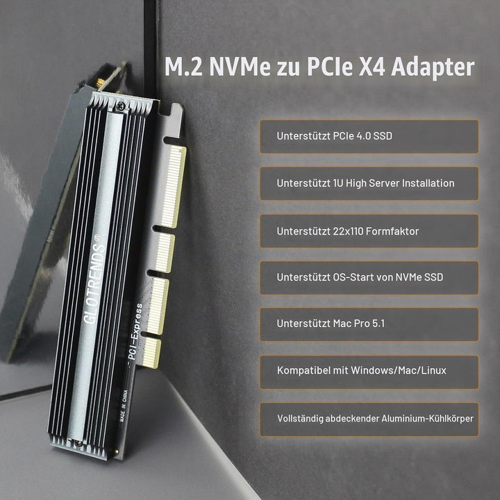GLOTRENDS PA16 22110/2280 M.2 NVMe zu PCIe 4.0 X4 Adapter mit Vollabdeckung Aluminium Kühlkörper, PC