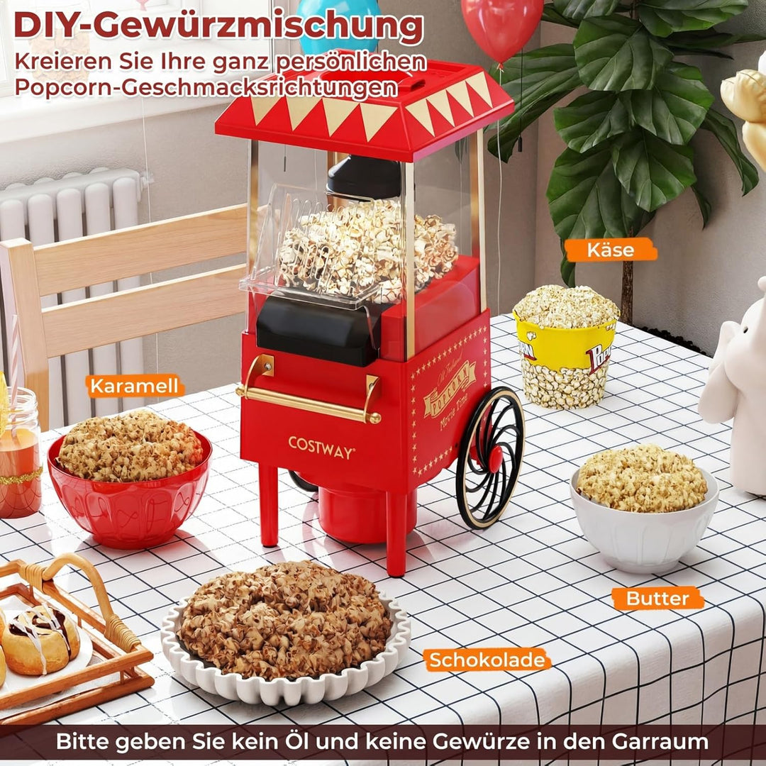 COSTWAY Retro Popcornmaschine 1200W, Heissluft Popcorn Maschine Ohne Öl, Schnelle Zubereitung in 2 M