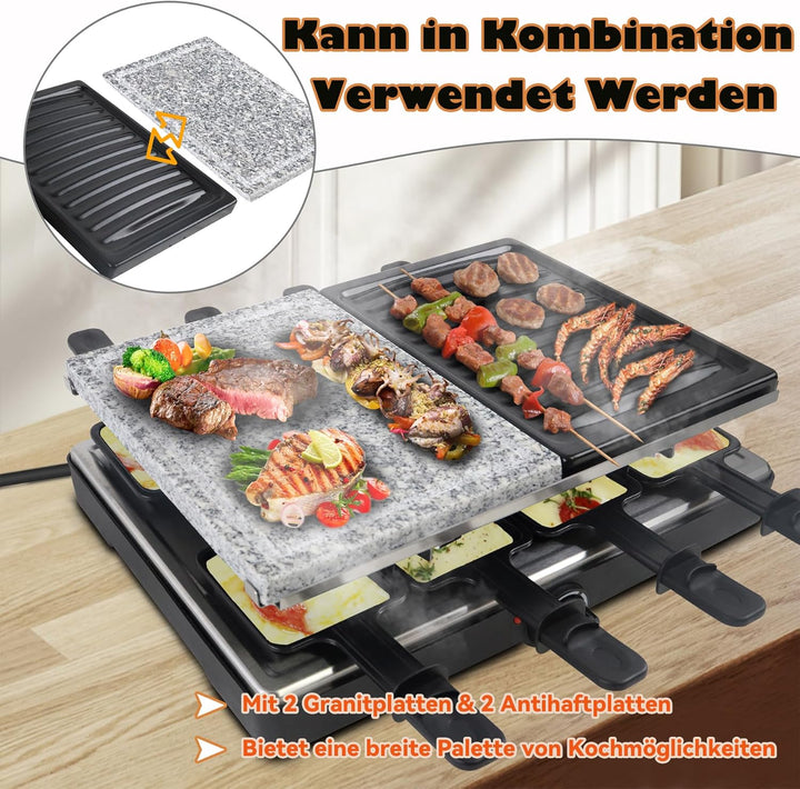 Froadp Raclette Grill mit Naturgrillstein und Grillplatte Antihaftbeschichtung Tischgrill Elektrisch
