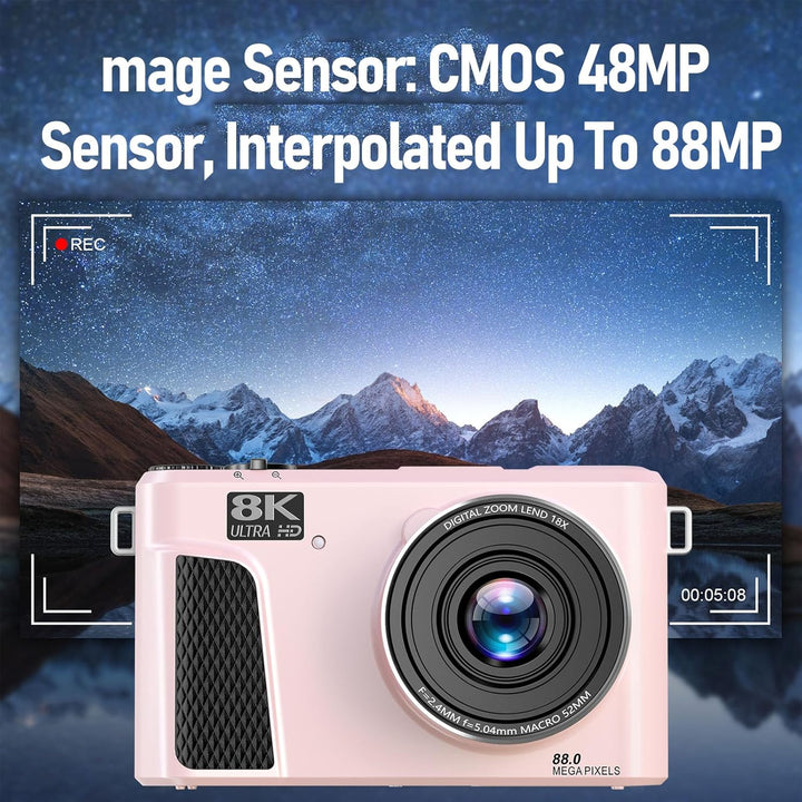 8K Digitalkamera für Fotografie, WiFi 88MP Vlogging -Kameras mit 3 "180 ° Flip -Bildschirm, Autofoku