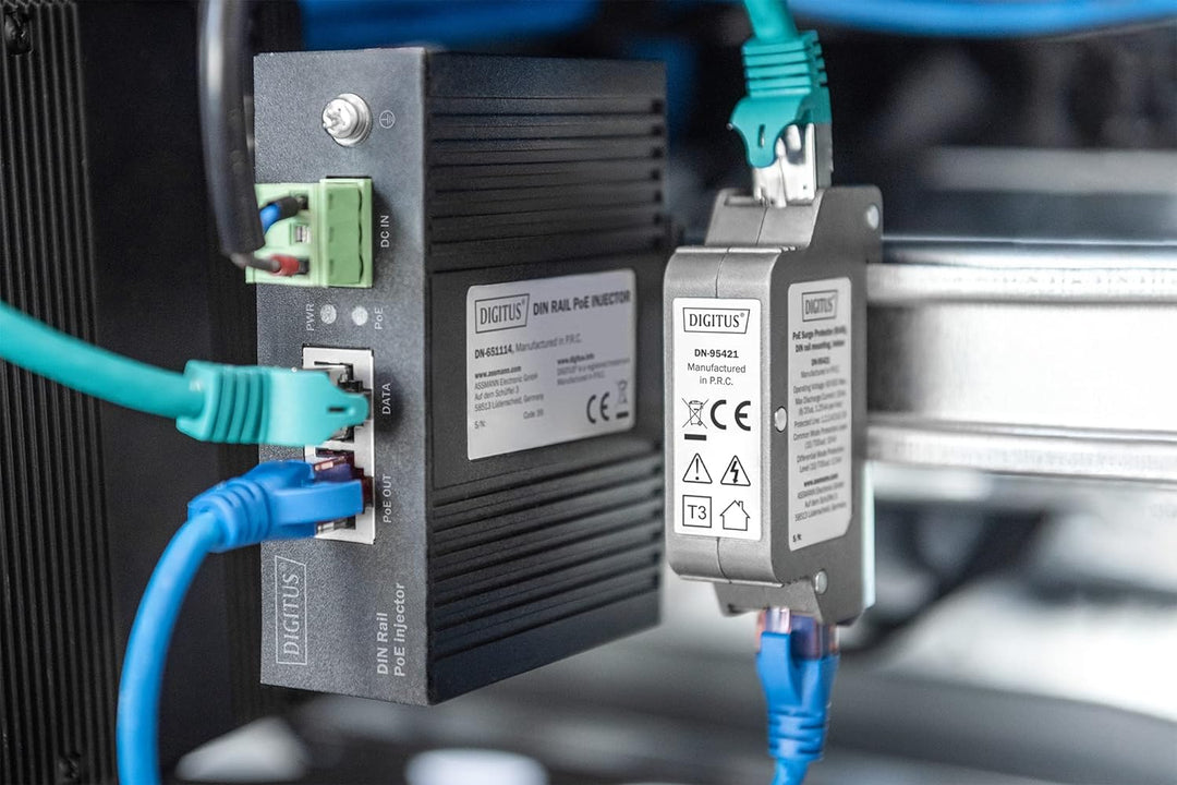 DIGITUS PoE Überspannungsschutz - bis 10 kV - 2X RJ45-Port - PoE++ - DIN-Schienenmontage - IP40 Schu
