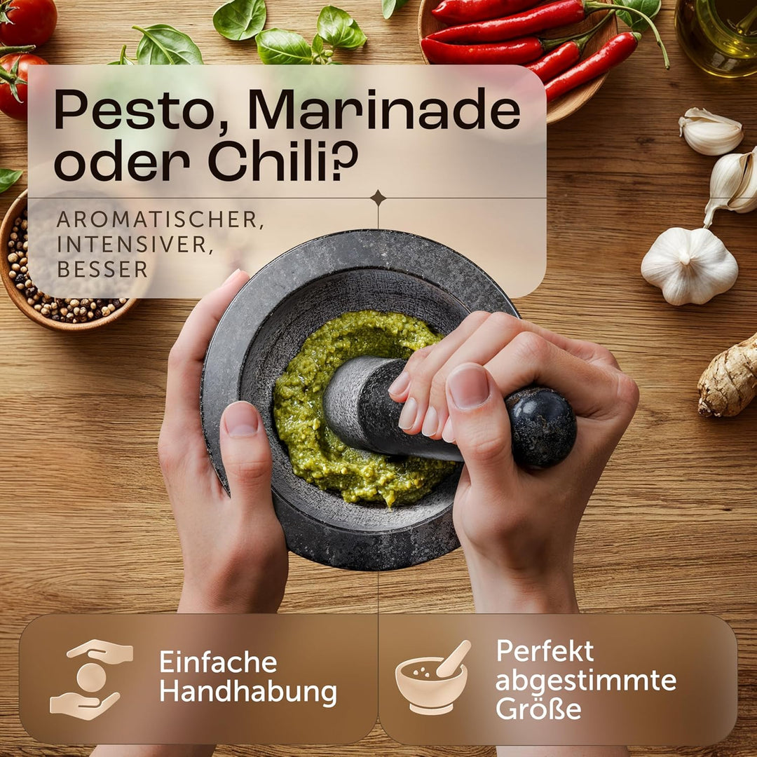 madeco Mörser mit Stössel Granit auf Holzsockel Eiche Ø 14,5 cm - Perfekt geeignet für Gewürze, Kräu