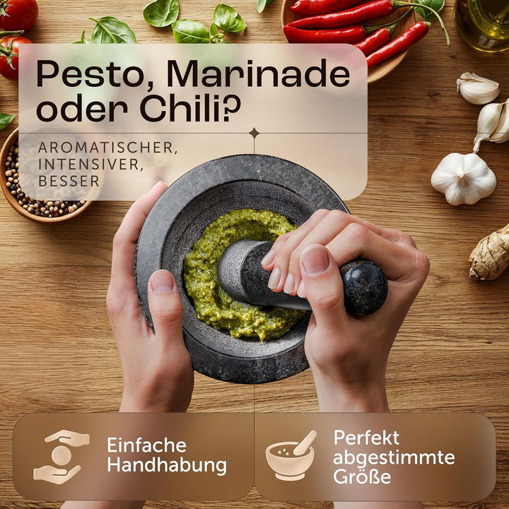 madeco Mörser mit Stössel Granit auf Holzsockel Eiche Ø 14,5 cm - Perfekt geeignet für Gewürze, Kräu