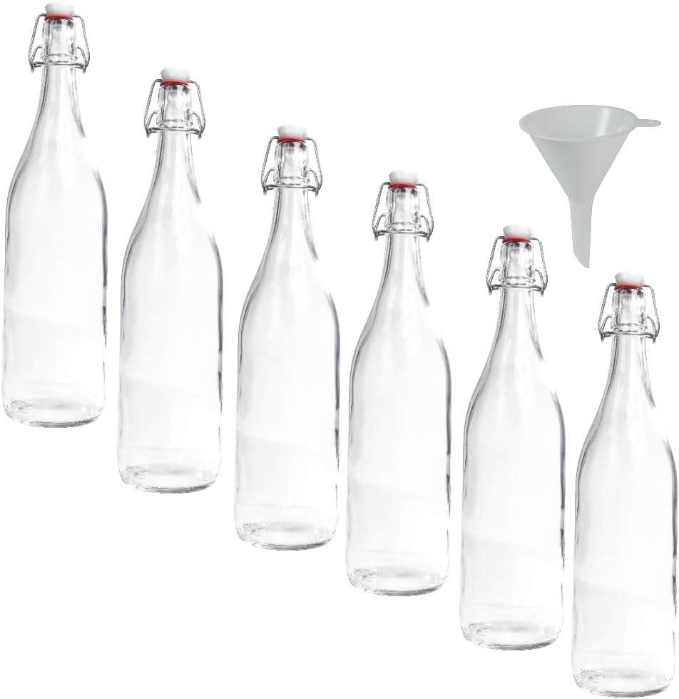 mikken 6X Glasflasche 1 Liter mit Bügelverschluss aus Porzellan inkl Trichter, Transparent Single, S