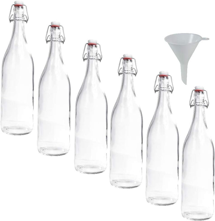 mikken 6X Glasflasche 1 Liter mit Bügelverschluss aus Porzellan inkl Trichter, Transparent Single, S