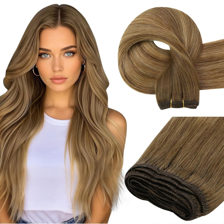 Easyouth Tressens Extensions Echthaar Balayage Tressen Extensions Mittelbraun Mix Honigblond und Mit