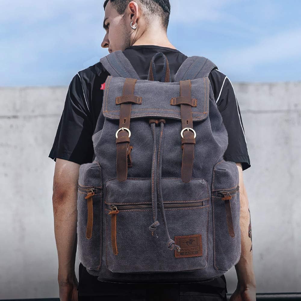 Retro Segeltuch Rucksack, Canvas Vintage Rucksack Laptop Daypack Schulrucksack Reisetasche Lederruck