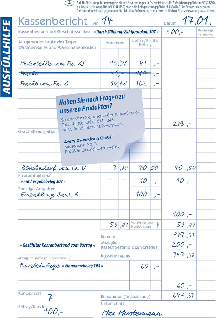 AVERY Zweckform 305-5 Kassenbericht (A5, 50 Blatt, mikroperforiert, retrograde Ermittlung der Tagese