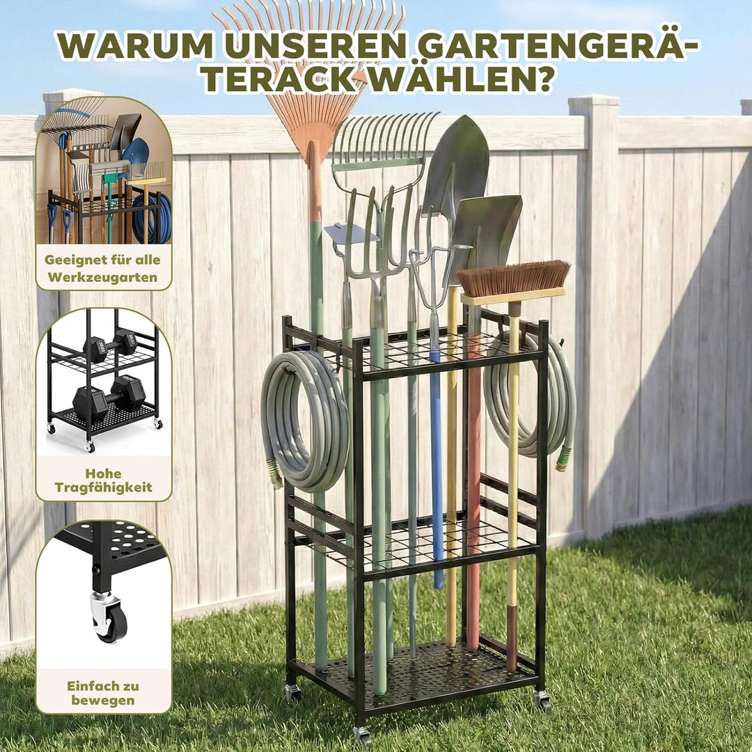 Garten-Werkzeugständer mit Rollen, 35 Gerätehalter, 3 Ebenen Metallregal, 43 x 30 x 79,4 cm, Schwarz