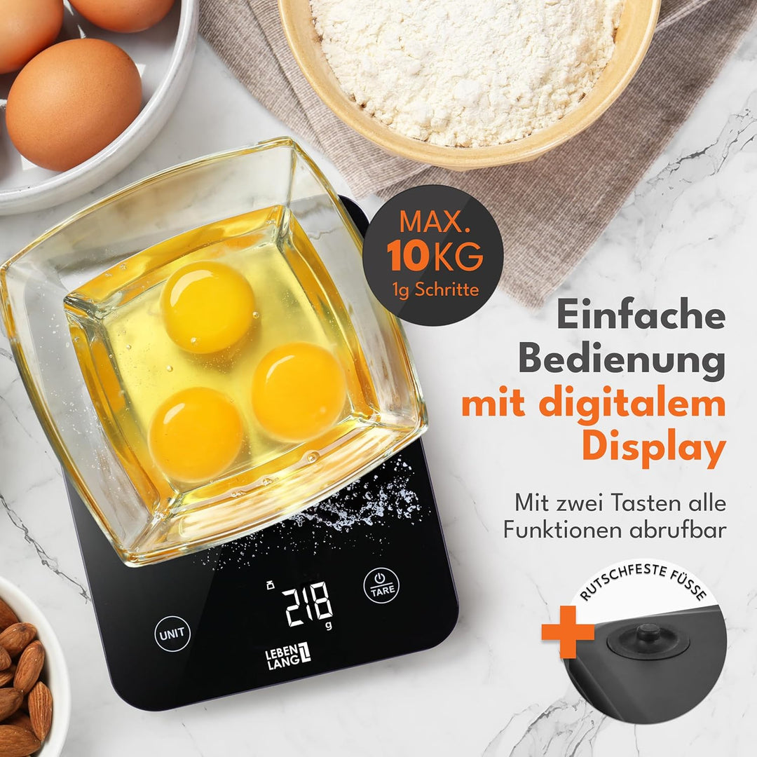 LEBENLANG Digitale Waage Küchenwaage Wasserdicht - USB Aufladbar & Inkl. Ladekabel I Bis 10 Kg I Waa