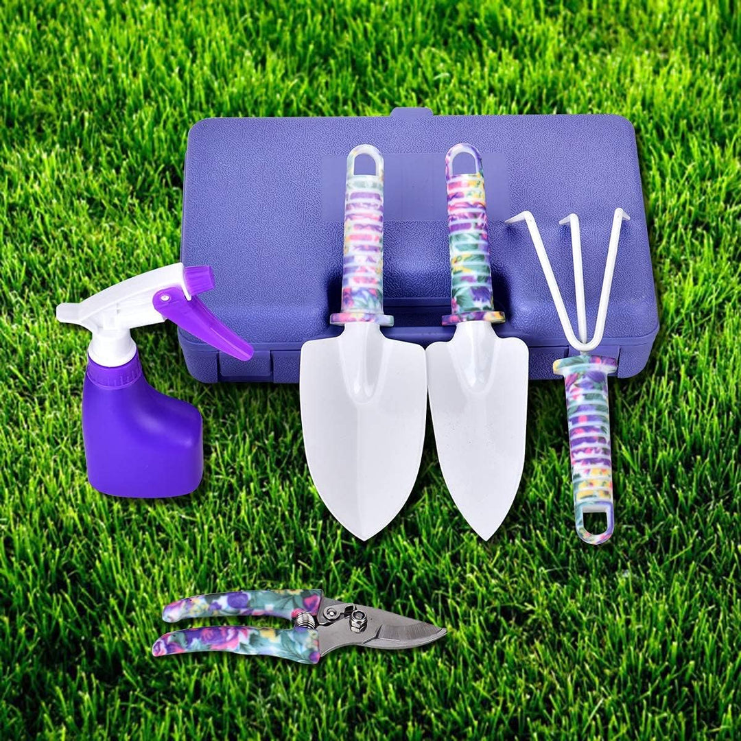 Queta 5 Stück Gartengeräte Set, Gartenwerkzeug Set mit rostfreiem Harrow Scissor Shovel Water Sprink
