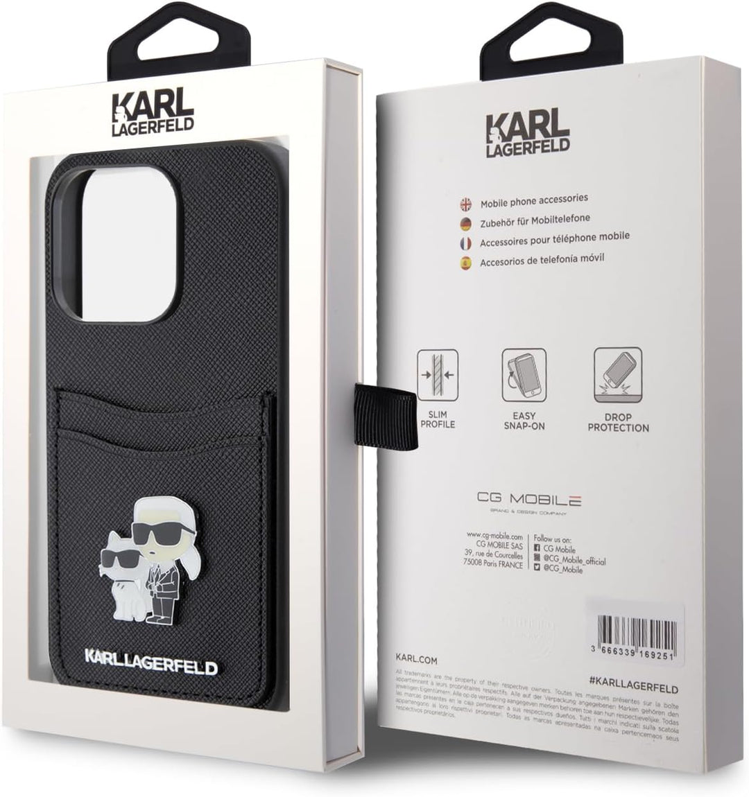 CG MOBILE Karl Lagerfeld Saffiano Hülle mit Kartenfach für iPhone 15 Pro (Schwarz), Schwarz