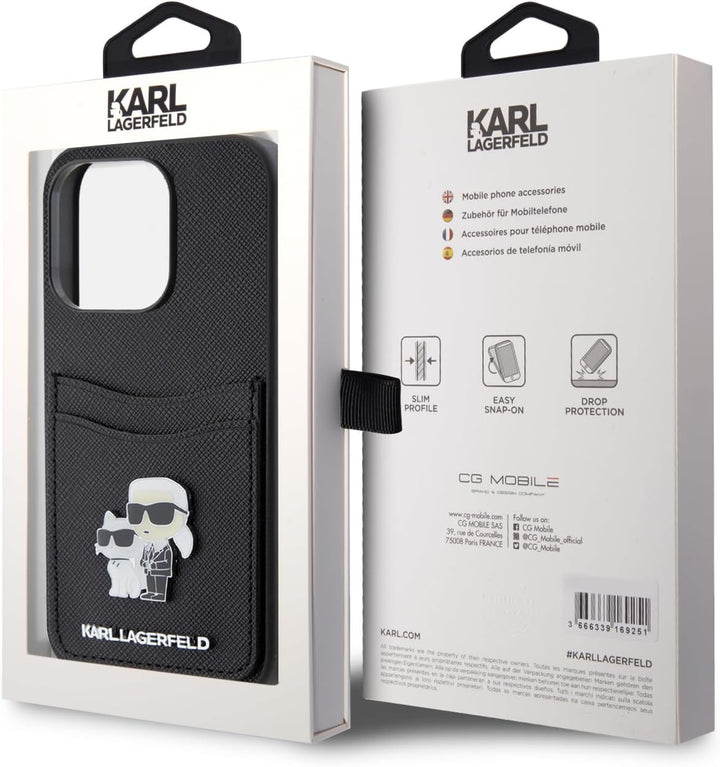 CG MOBILE Karl Lagerfeld Saffiano Hülle mit Kartenfach für iPhone 15 Pro (Schwarz), Schwarz