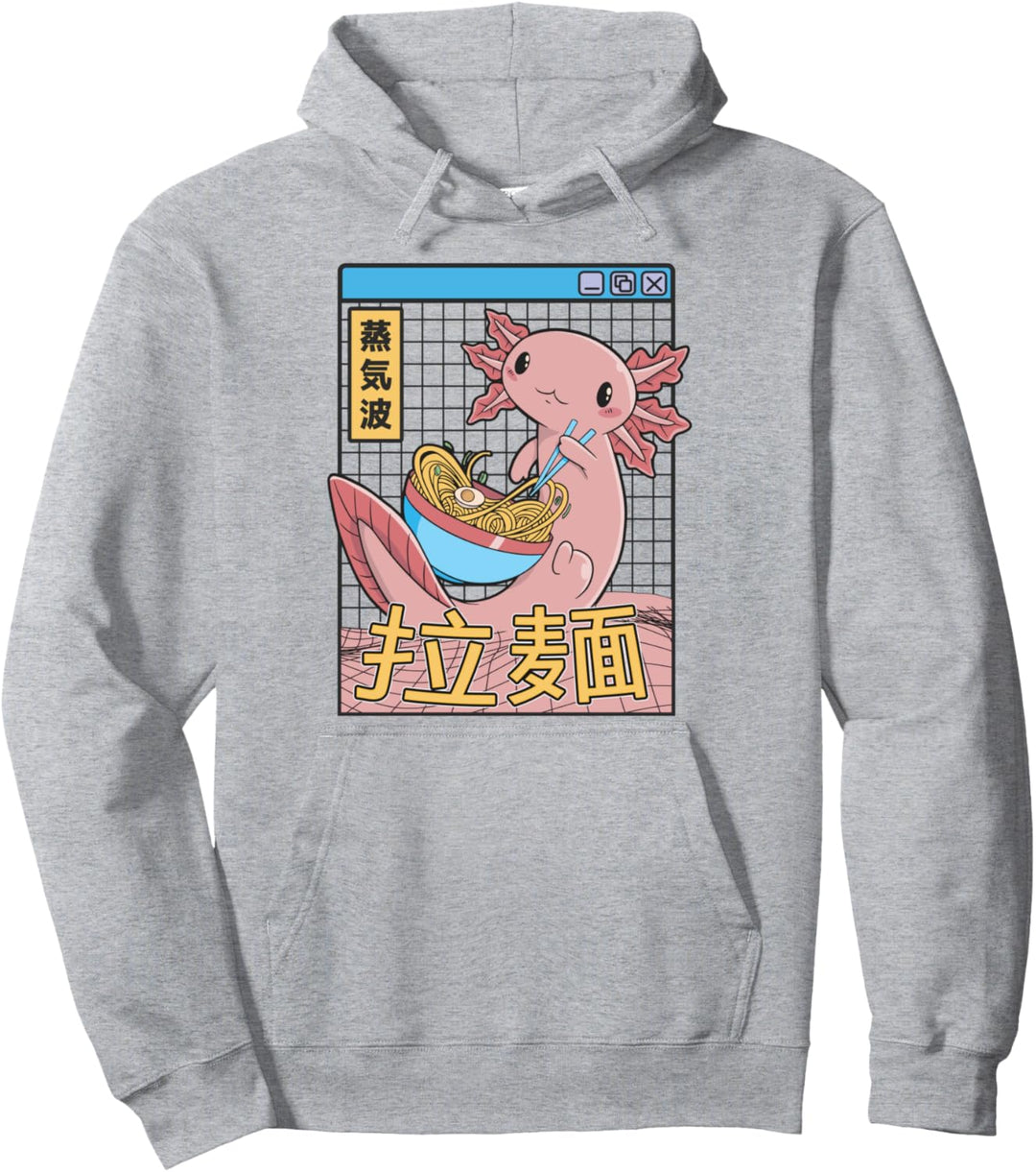 Axolotl Essen Ramen Japan Style Otaku Kinder Vaporwave Anime Pullover Hoodie