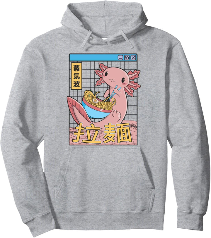 Axolotl Essen Ramen Japan Style Otaku Kinder Vaporwave Anime Pullover Hoodie
