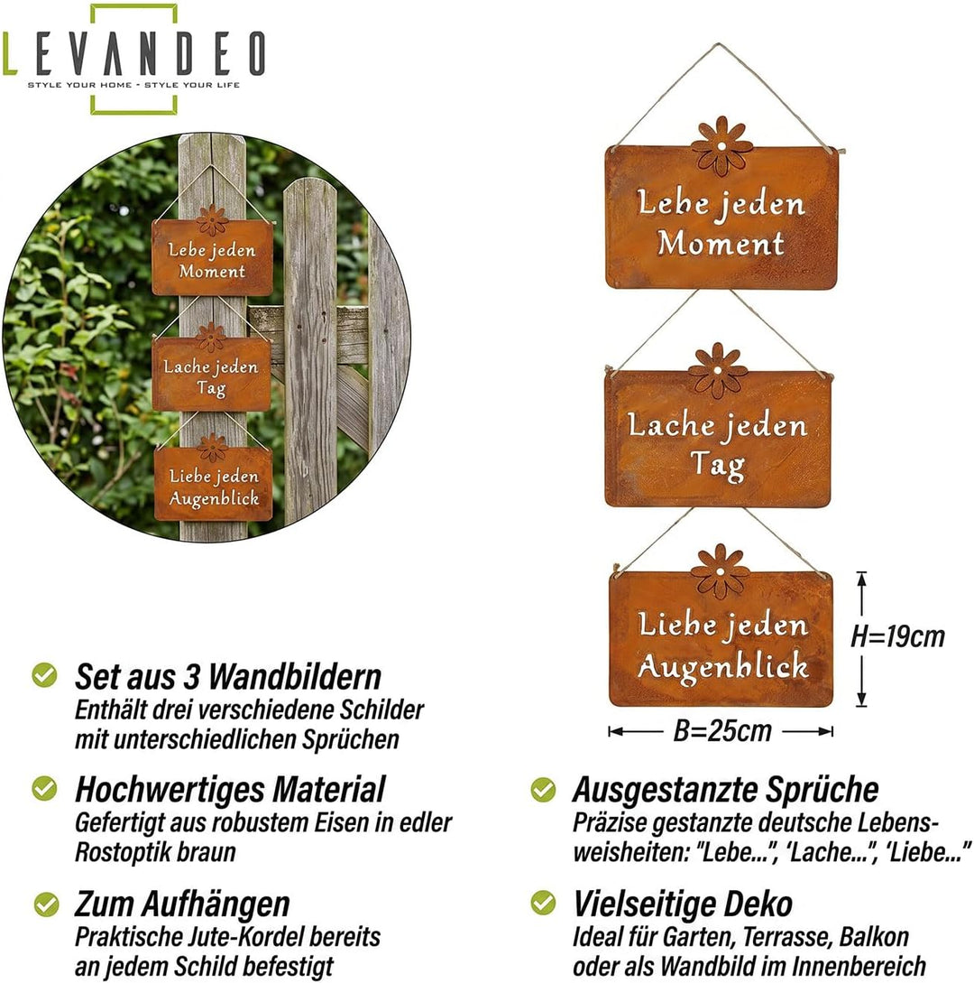 3er Set Wandbilder Sprüche 25x19cm Schilder Garten-Deko Türschild Edelrost Braun Rostdeko Lebe Liebe