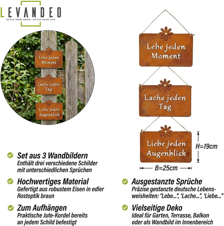 3er Set Wandbilder Sprüche 25x19cm Schilder Garten-Deko Türschild Edelrost Braun Rostdeko Lebe Liebe