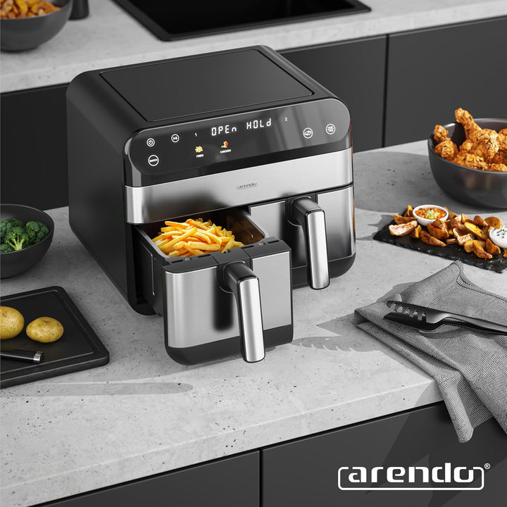 Arendo - Heissluftfritteuse 9L mit 2 Kammern - XXL Kapazität - 2 Fächer – Airfryer Backofen - 8 Prog