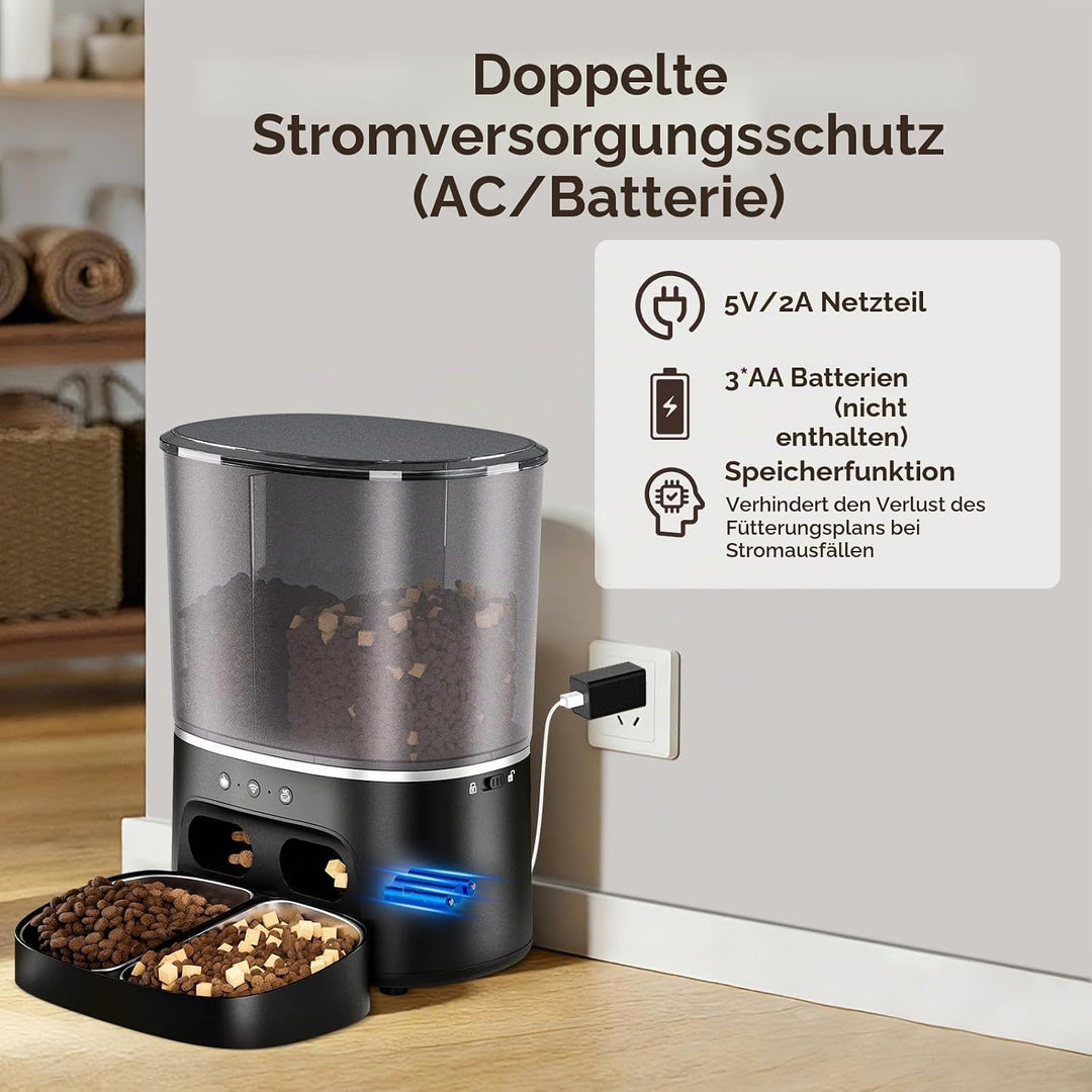 Futterautomat Katze, 2 Näpfe automat Katzenfutter mit APP, 8L Doppel Futterspender Katze, 2.4G WiFi