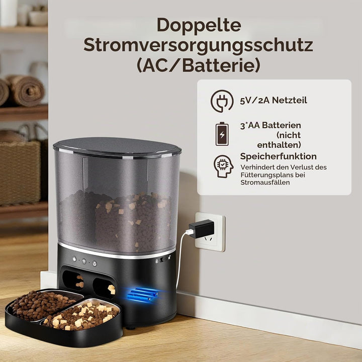 Futterautomat Katze, 2 Näpfe automat Katzenfutter mit APP, 8L Doppel Futterspender Katze, 2.4G WiFi