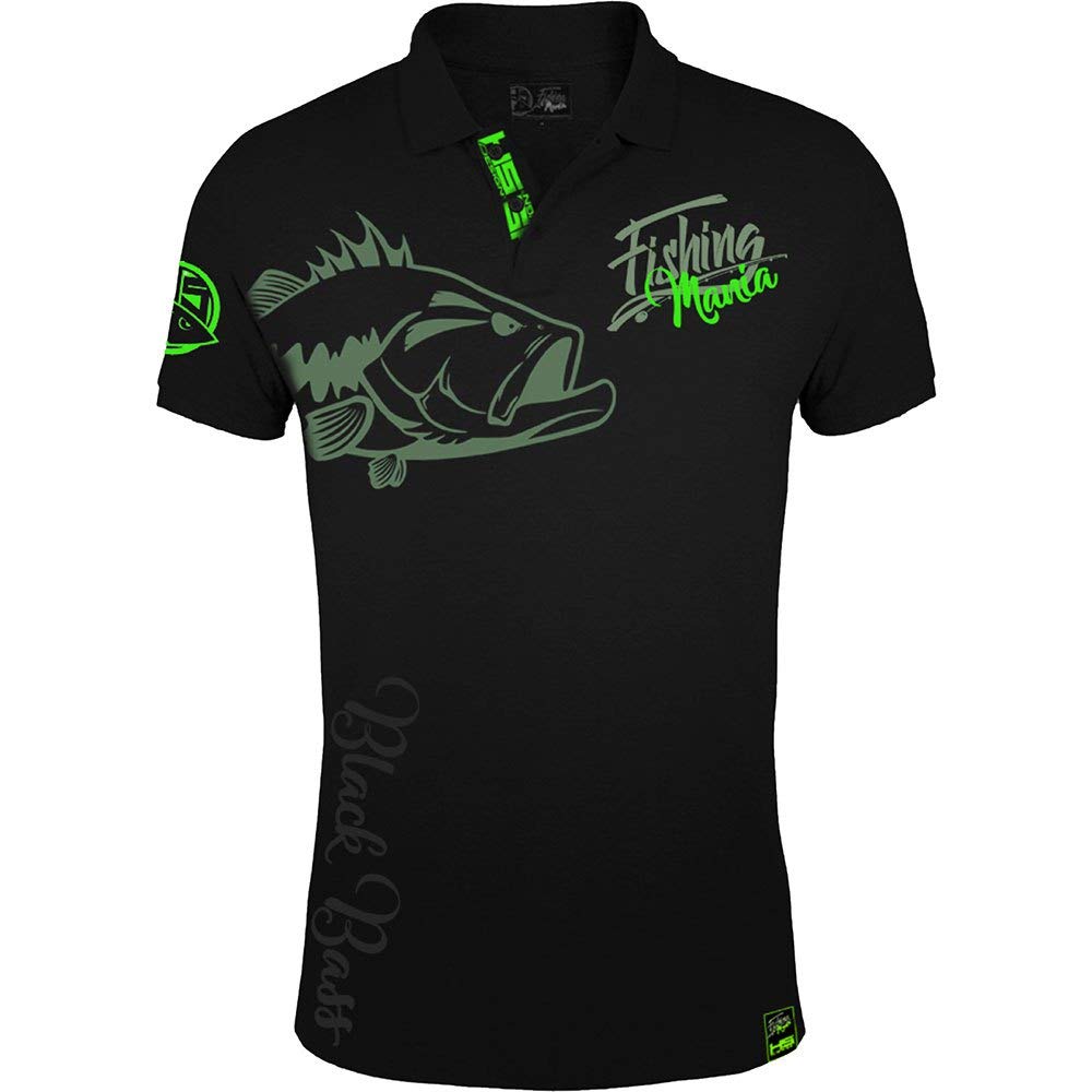 HOTSPOT DESIGN Fishing Bass Mania, SW-Grün, Barschangler Poloshirt M Schwarz, M Schwarz