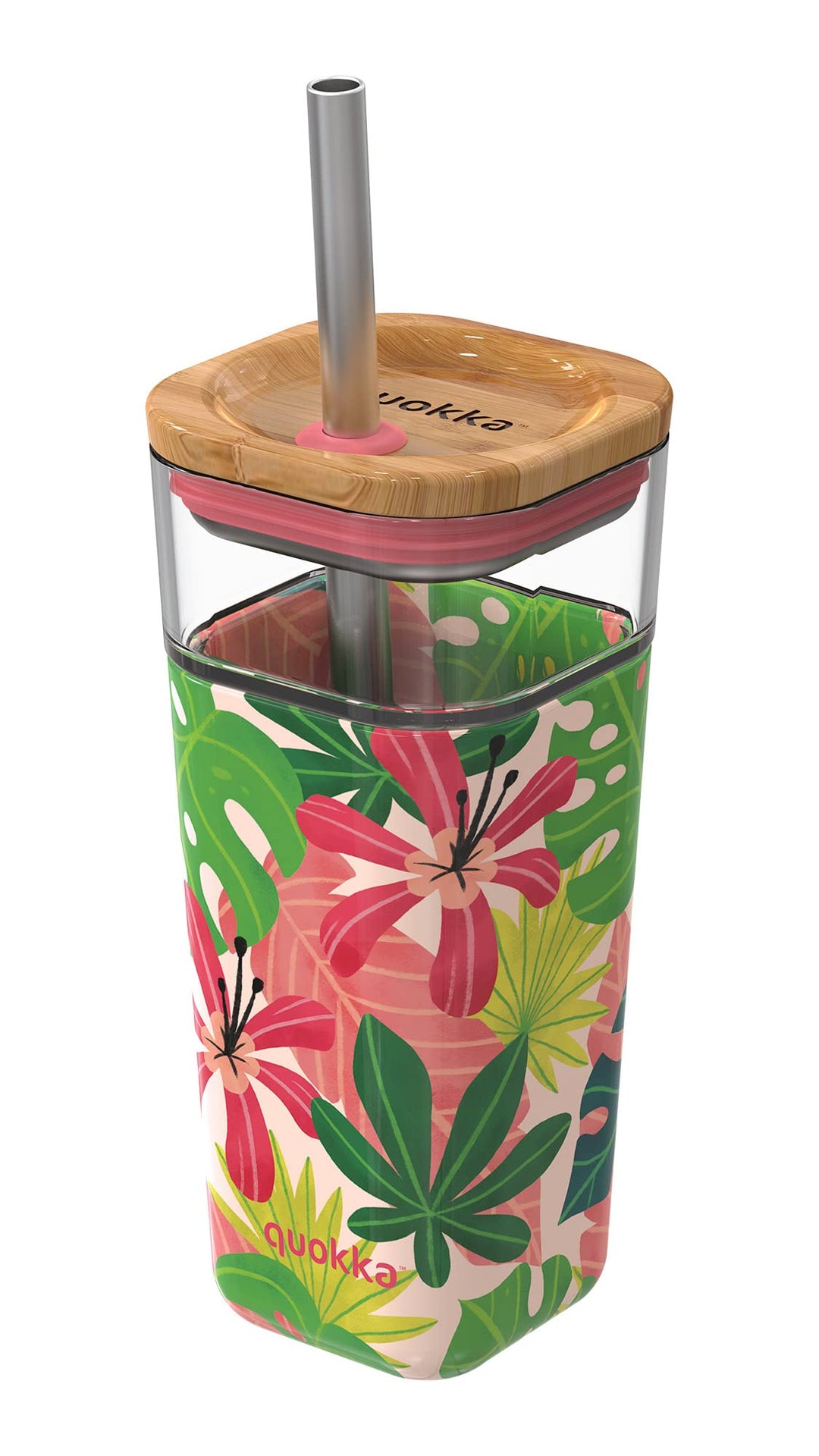 Quokka Glas mit Päckchen und Silikonhülle PINK Jungle 540 ml, Borosilikatglas, Rosa Dschungel, Einhe