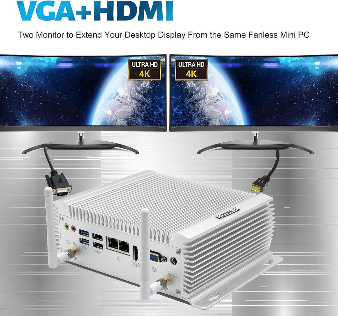 HISTTON Lüfterlos Mini PC Industrie PC Intel Core i7-4500U, 8GB RAM 128GB SSD, HDMI &VGA Dual Ausgan
