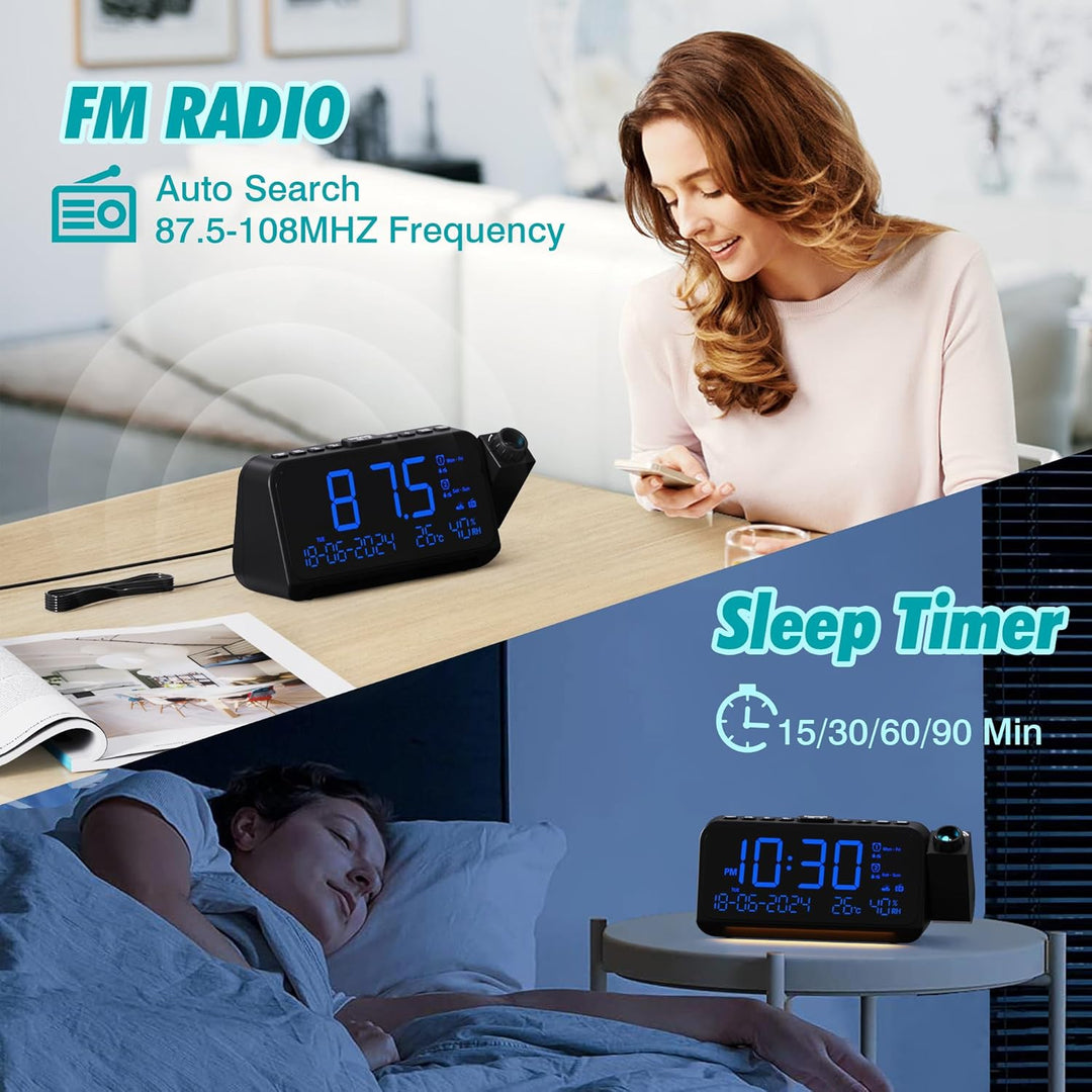 Radiowecker mit Projektion für Schlafzimmer, Typ C & USB-Anschluss, Dual-Wecker für Wochentag/Wochen