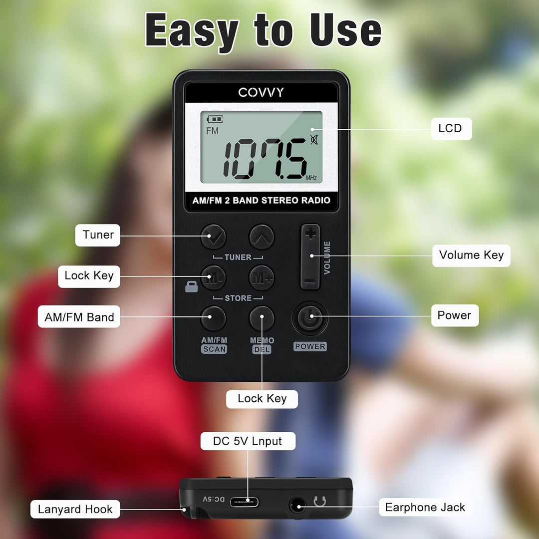 AM/FM Tragbares Radio,Covvy Digitales Pocket Mini Radio mit 500mAh 3.7V Wiederaufladbarer Akku und K
